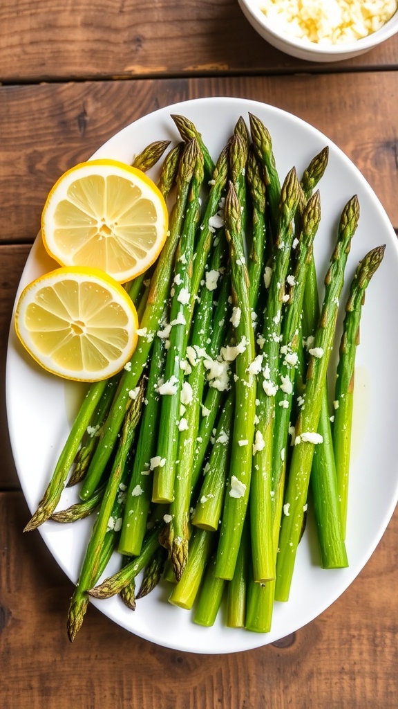 Crispy garlic asparagus topped with Parmesan cheese, served with lemon wedges on a rustic table.